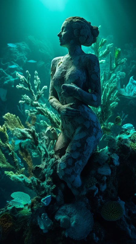 Stone Woman Sculpture Overgrown With Luminescent Corals