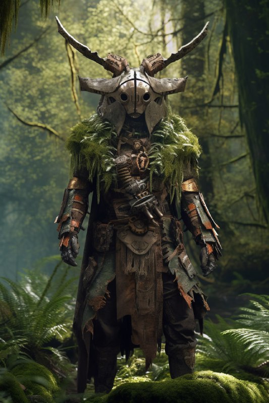 Tribal Warforged Druid in Hau Mask Forest CGI Art