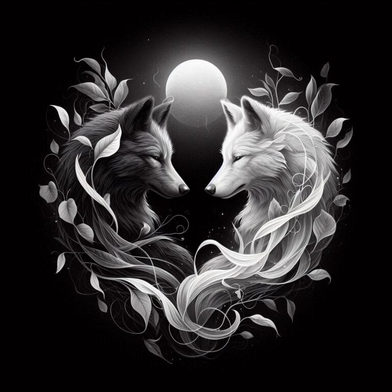 Two Wolves Balance Harmony Black and White Surreal Art