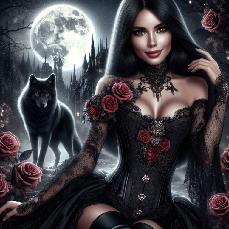 Gothic Beauty in Black Lace Gown With Bordeaux Roses
