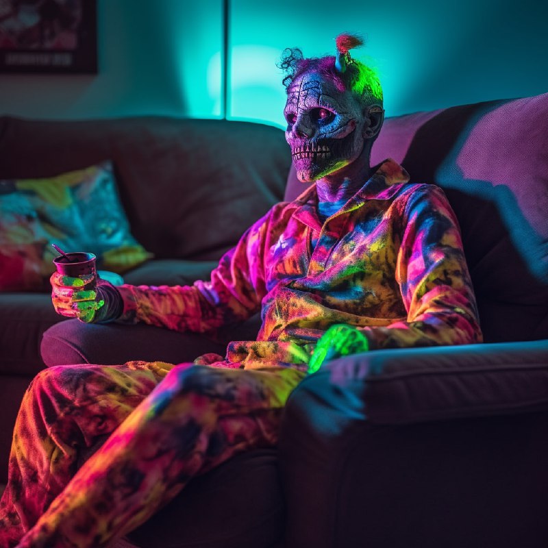 Psychedelic Zombie Gaming on Couch Colorful Photo