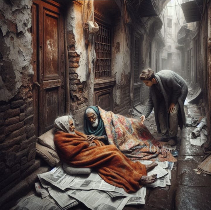 Young Man Covering Homeless Couple With Quilt in Alley