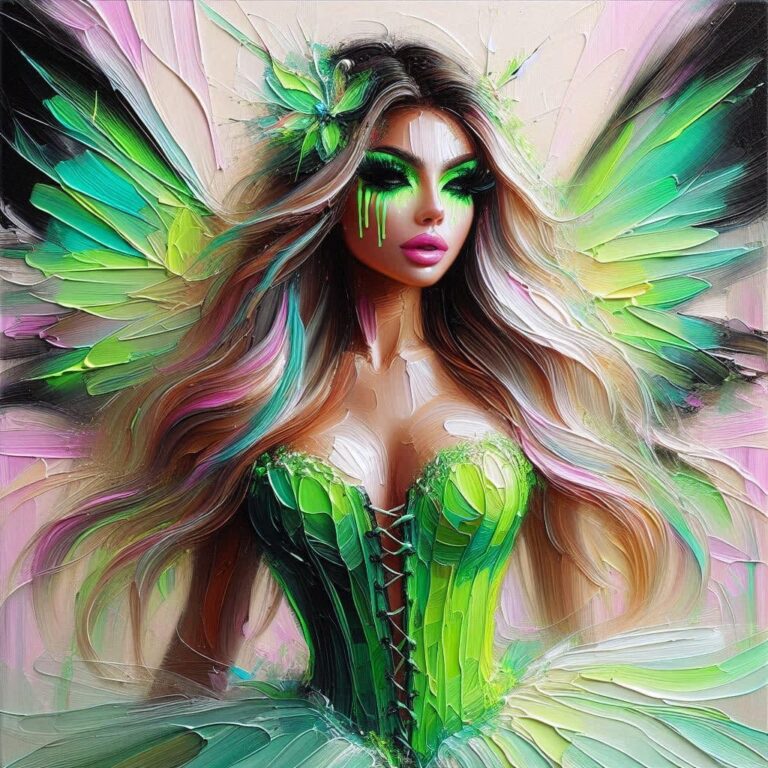 Neon Green Fairy Woman Impasto Abstract Painting