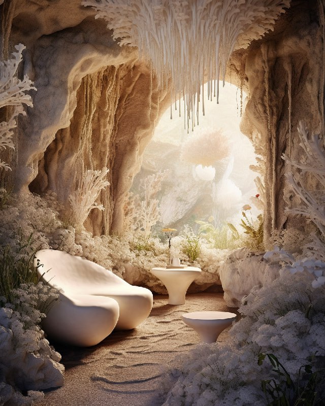Biomimicry White Cliff Cave House Boho Garden Interior