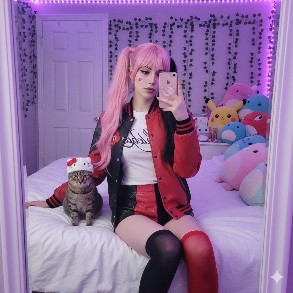 Pink-Haired E-Girl Mirror Selfie with Cat