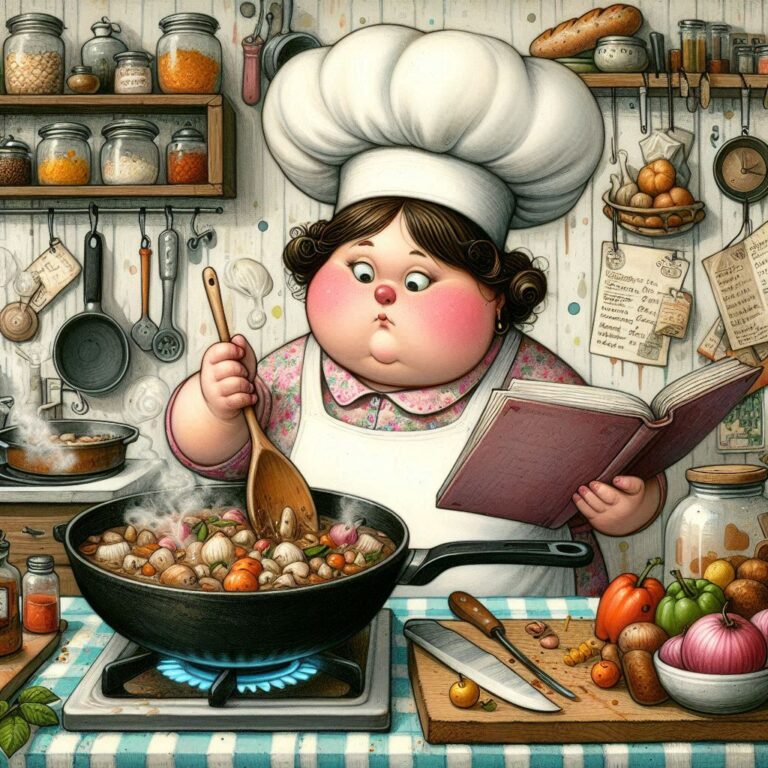 Chubby Chef Woman Stirring Steaming Pan With Recipe Book