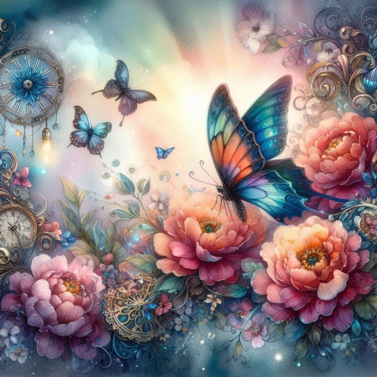 Vibrant Flowers and Butterfly Magical Realism Watercolor