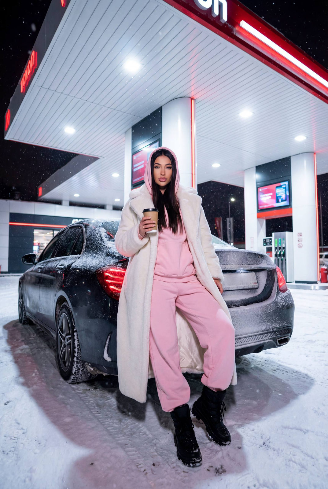 Snowy Gas Station Fashion Night