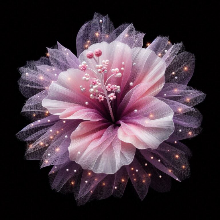 Lilac Pink Tulle Hibiscus With Sparkly Lights Fabric Art