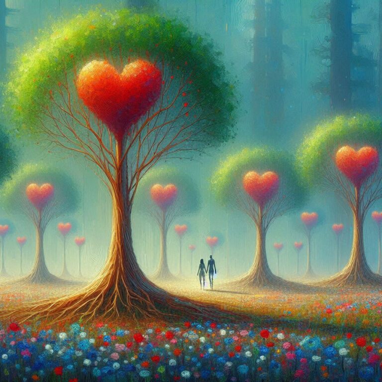 Stick Couple Strolling Among Heart Trees in Flower Meadow