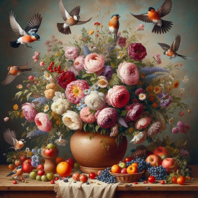 Garden Flower Bouquet With Songbirds Pastoral Tapestry