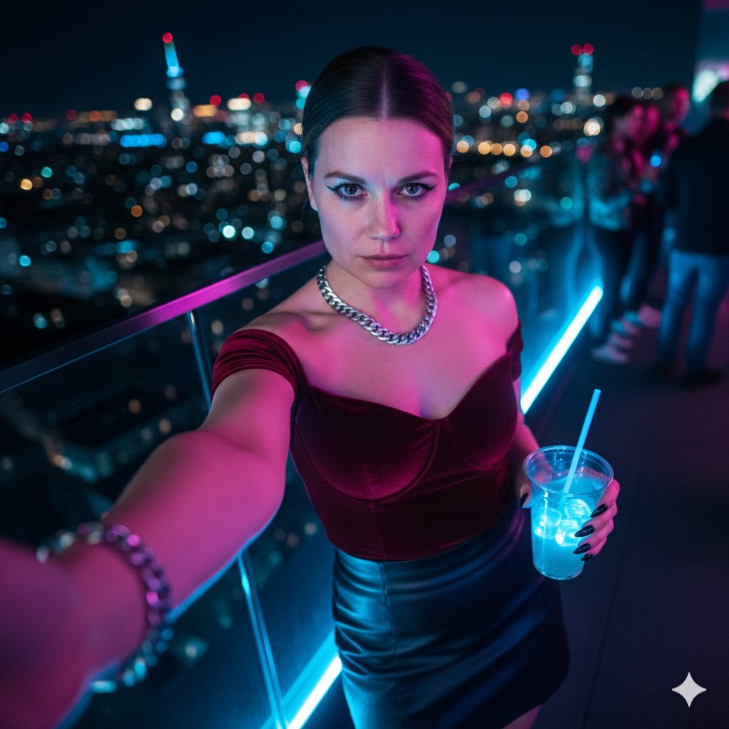 Neon Rooftop Cold Stare Selfie