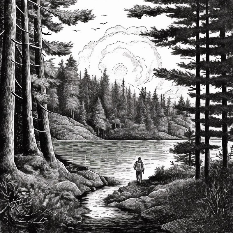 Man Hiking by Lake Pen and Ink Comic Noir Panorama