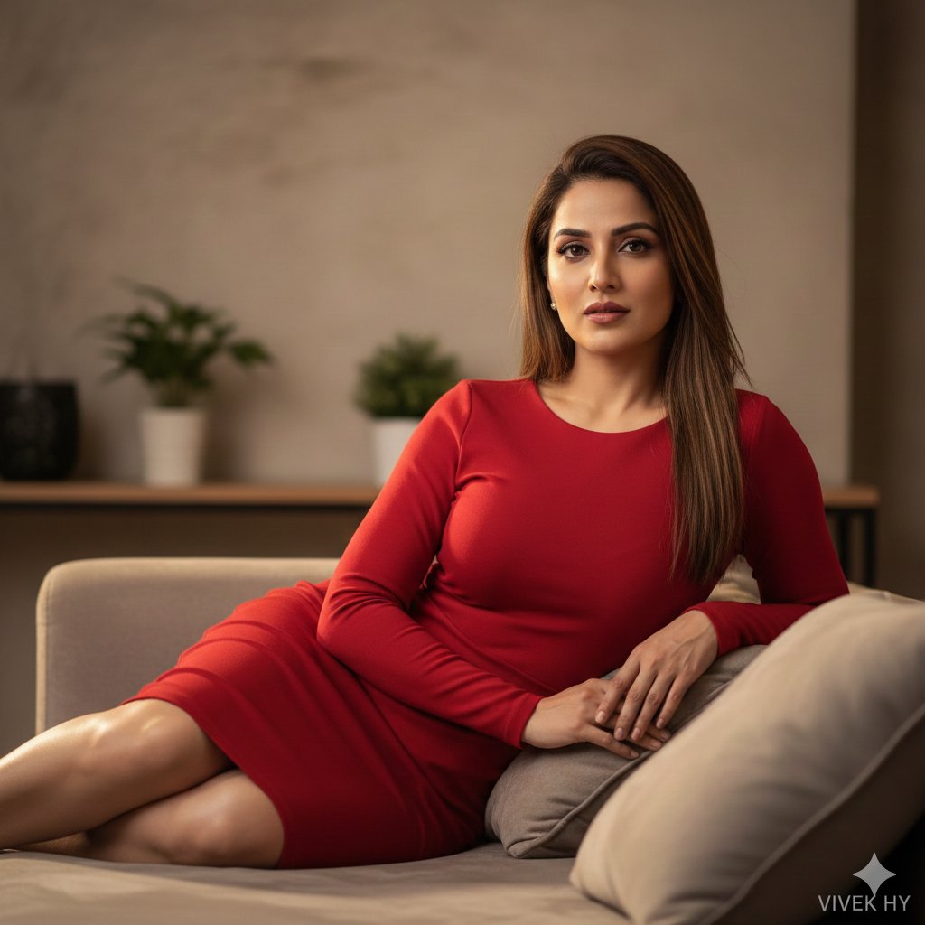 Elegant Red Dress Indoor Portrait