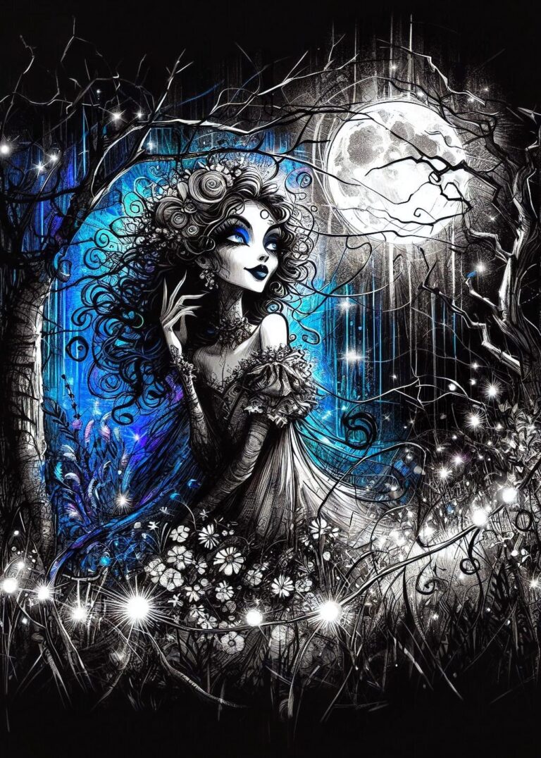 Whimsical Gothic Woman Moonlit Forest