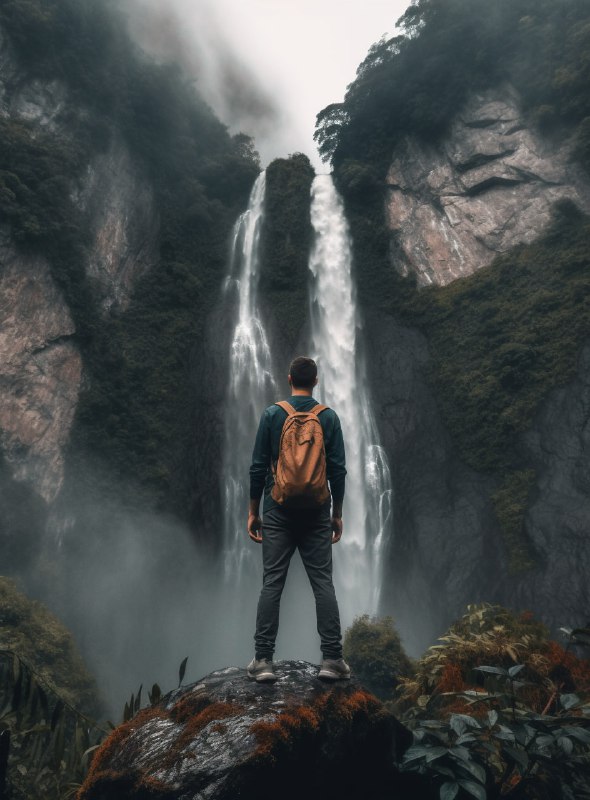 Man Before Mountain Waterfall Batik Style Travel Scene
