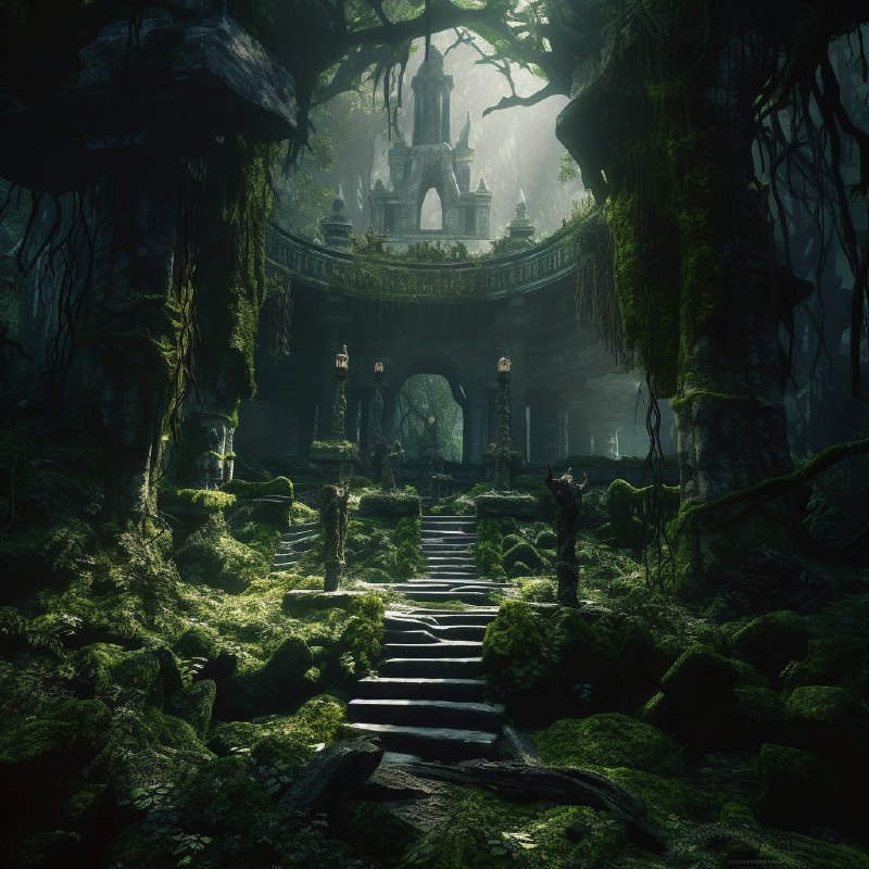 Mossy Shadow Forest Temple Tenebrist Matte Painting