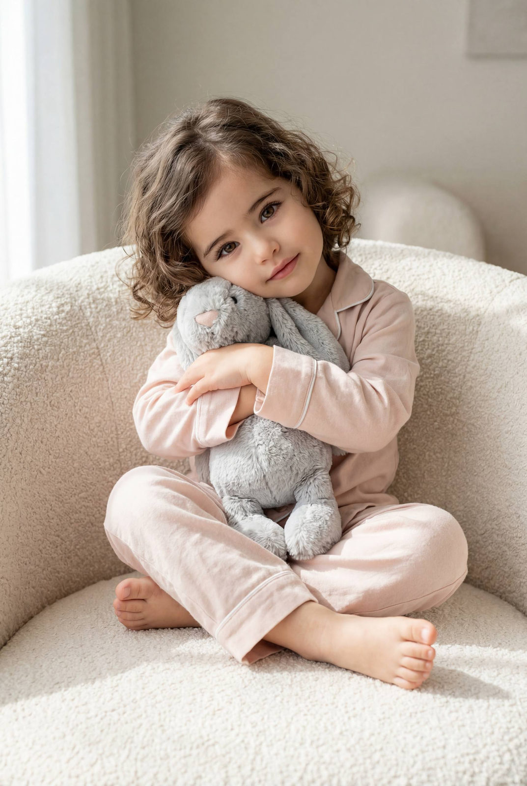Child Hugging Bunny on Cozy Chair