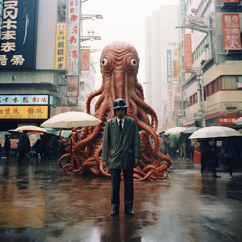 Suited Squid in Rain-Soaked 1960s Tokyo Destruction