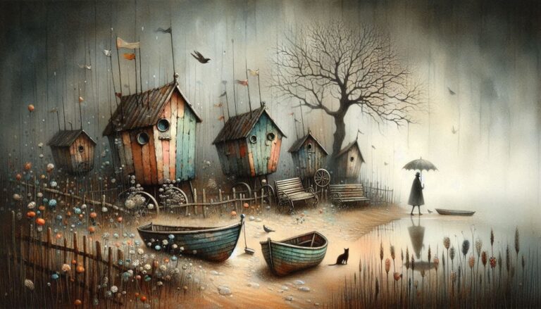 Jolly Misshapen Boat Houses Naive Watercolor Illustration
