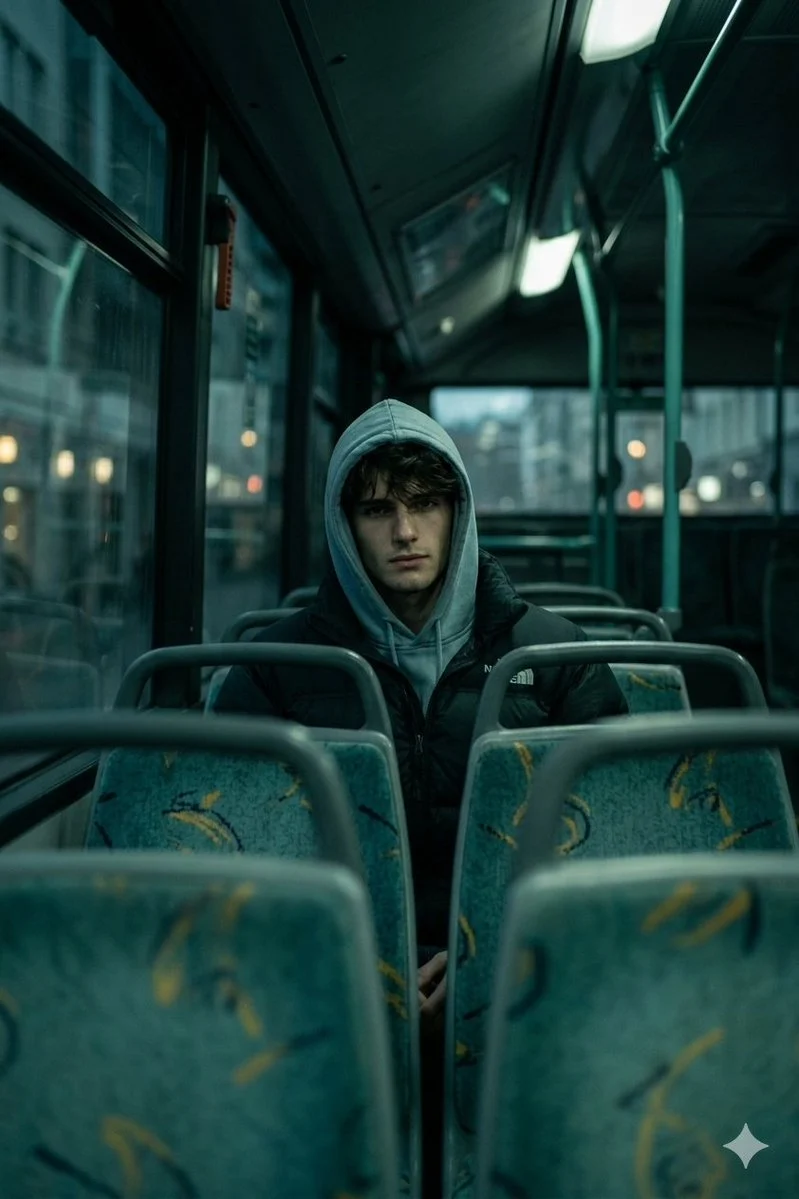 Mysterious Bus Passenger Night Gaze