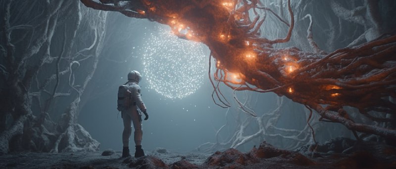 Astronaut Trapped by Tree Roots in Alien Jungle Film Still