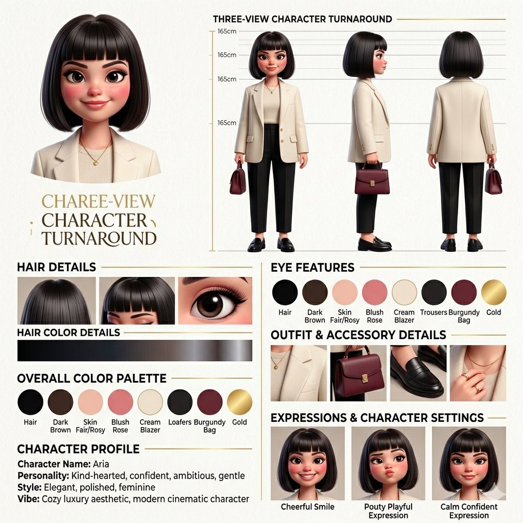 Elegant 3D Female Character Design Sheet