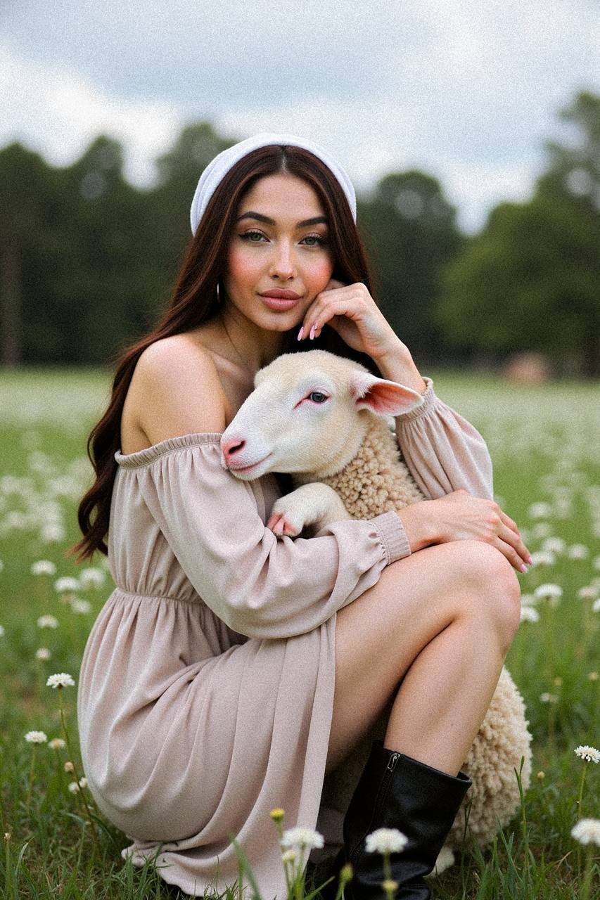 Pastoral Maiden Embracing Sheep