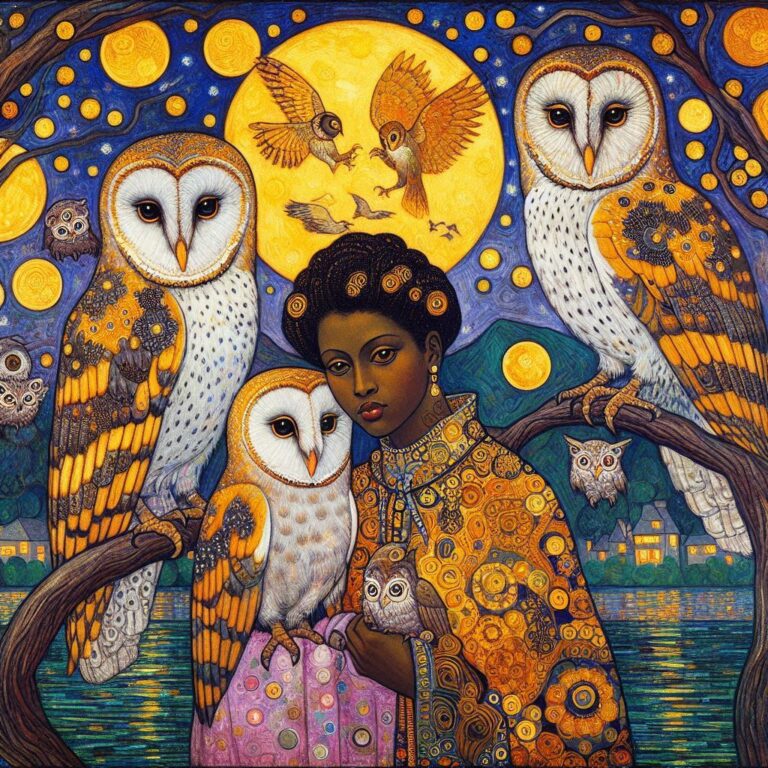 Owl Family in Tree With Klimt Gold Accents and Moonlight