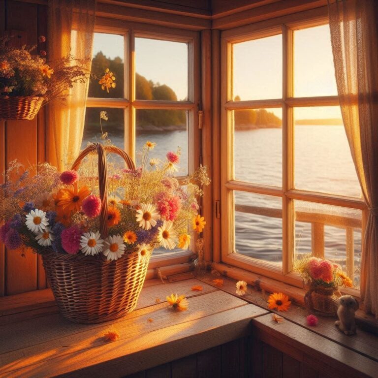 Wildflower Basket on Window Frame Warm Waterfront Scene