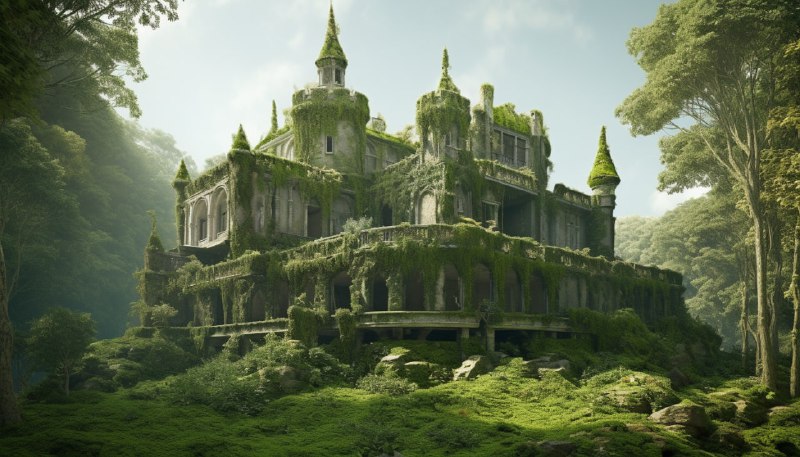 Moss Covered Palace Overgrown Architecture Scene