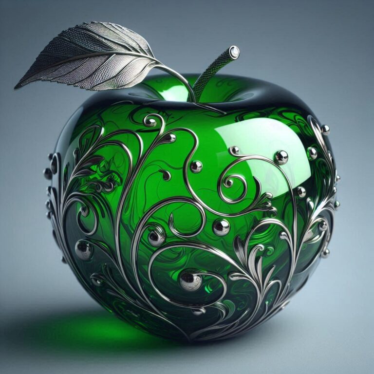 Green Glass Apple With Metallic Filigree Vine Patterns