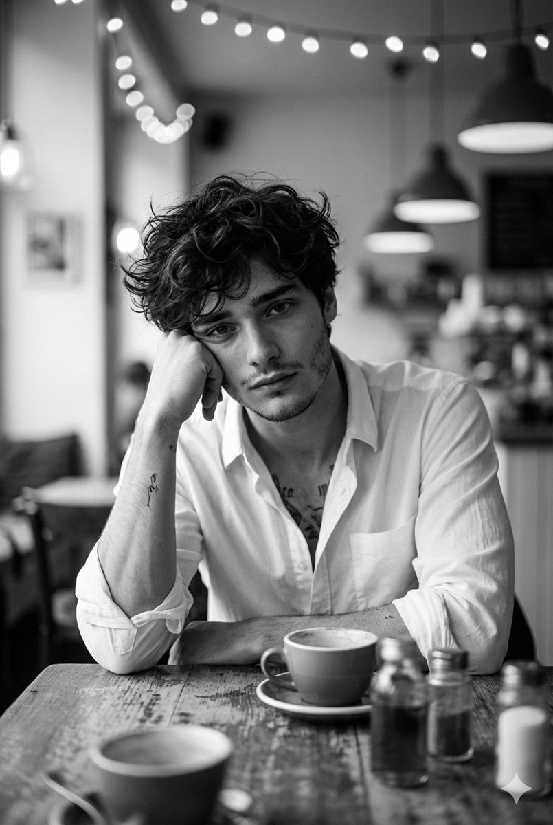 Cinematic Black and White Cafe Portrait