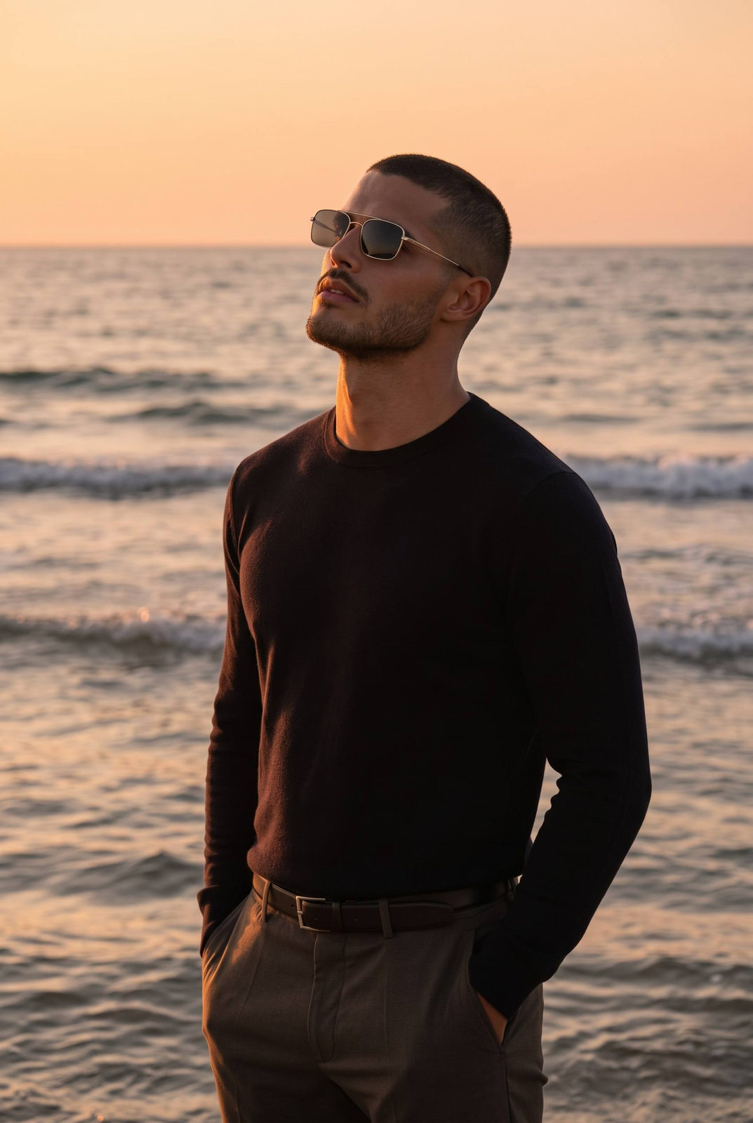 Man Contemplating Sunset By Sea