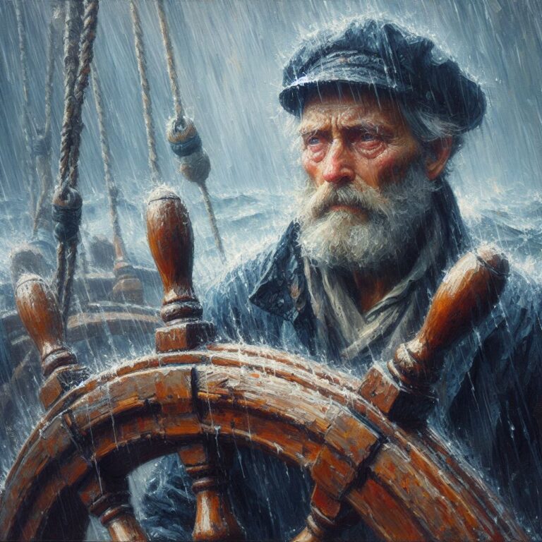 Elderly Sailor at Helm in Storm Impressionist Painting
