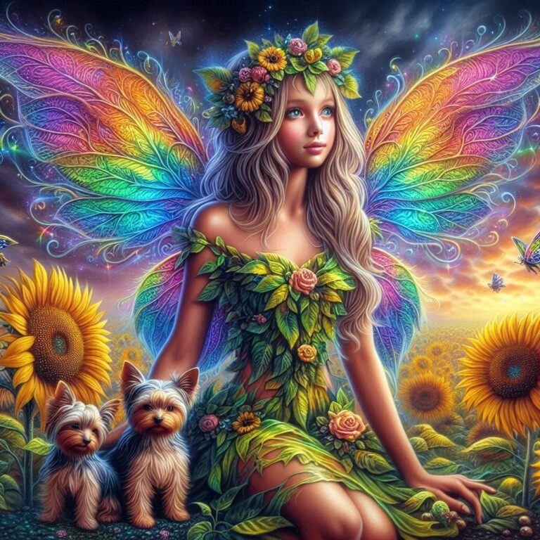 Rainbow-Winged Fairy With Yorkie in Sunflower Field