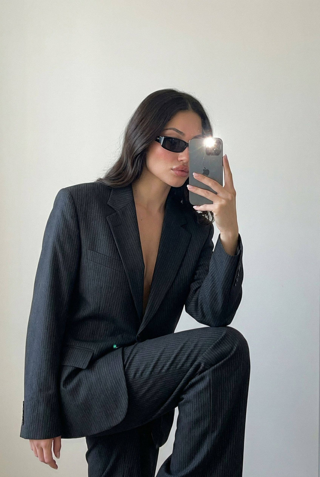 Minimalist Pinstripe Suit Mirror Selfie