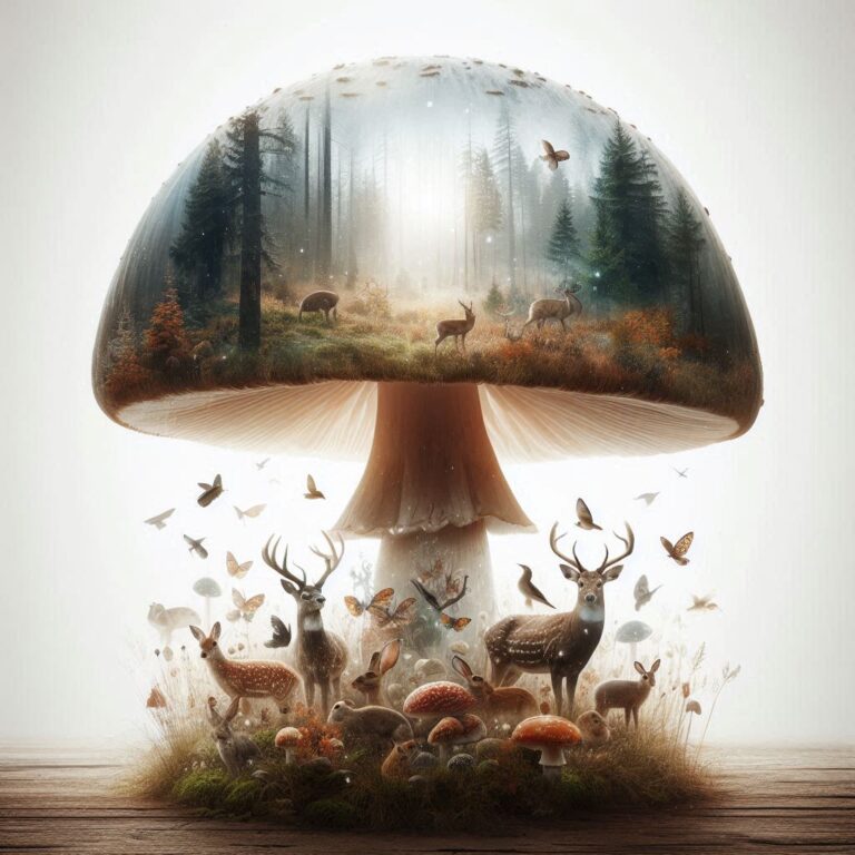 Mushroom Double Exposure With Forest Animals Inside
