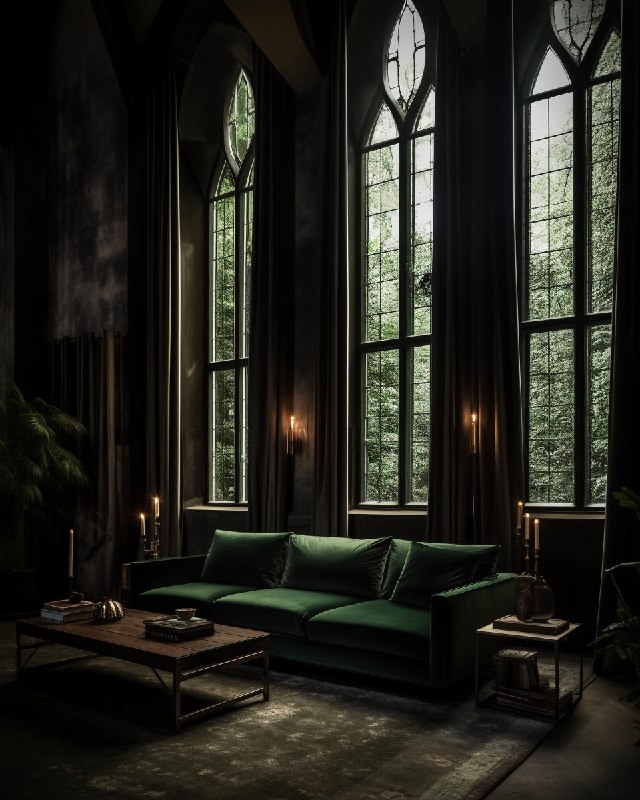 Church Living Room in Dark Forest Modern Hippie Interior