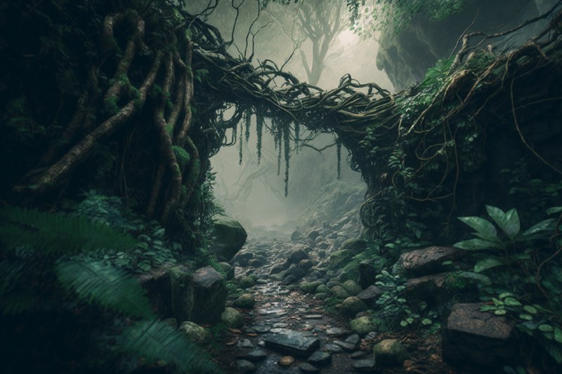 Misty Tropical Jungle With Mossy Stones Epic Wide Shot