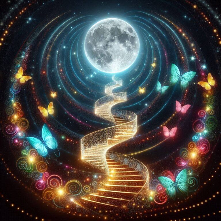 Spiral Stairway to the Moon With Luminous Butterflies
