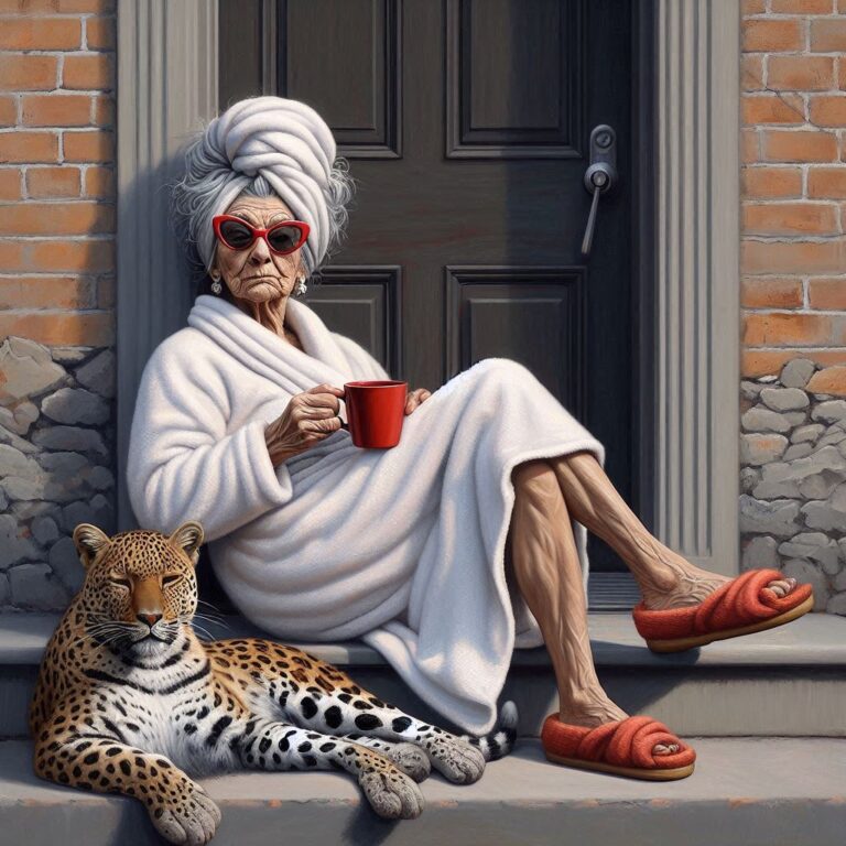 Funny Older Woman in Bathrobe With Coffee on Porch Step