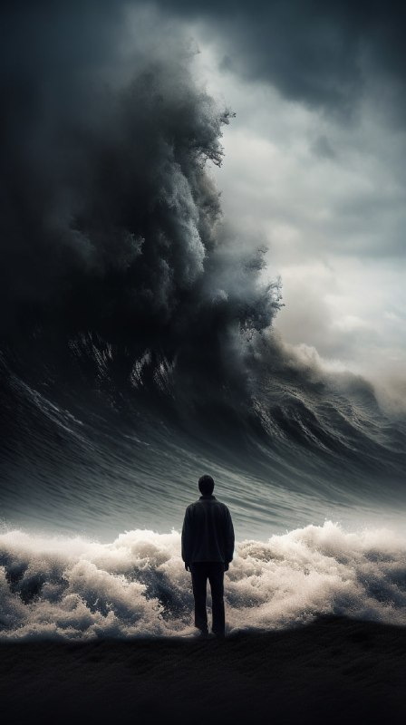 Lone Man Facing Towering Tidal Wave Dramatic Scene