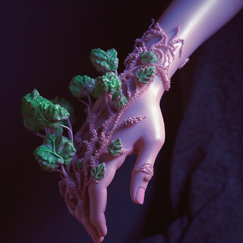 Purple-Skinned Hand With Green Alien Plants Growing
