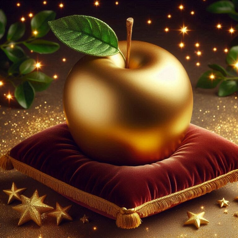 Golden Apple With Wire Patterns and Orbiting Beads