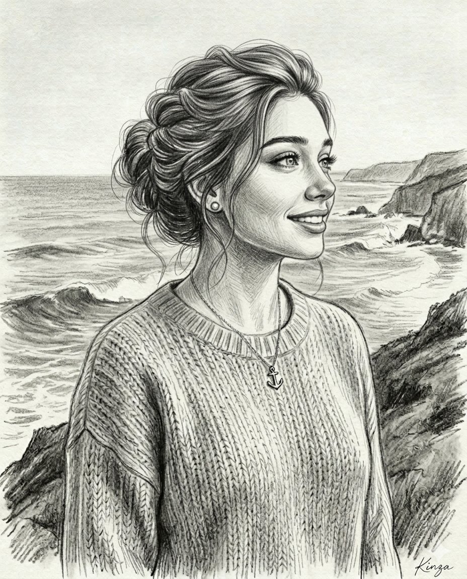 Vintage Seaside Graphite Portrait in the Breeze