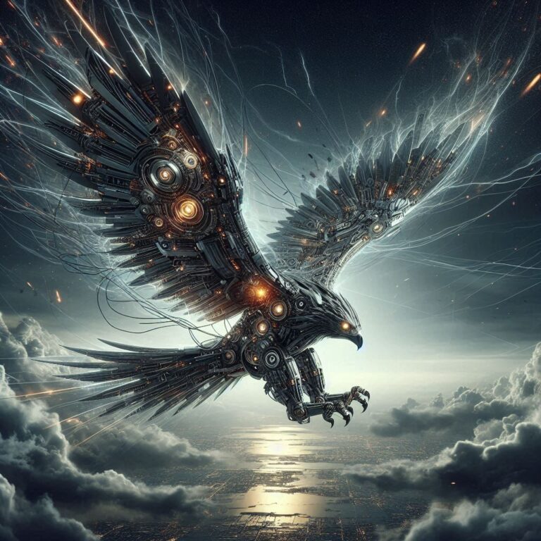 Mechanical Eagle Soaring Through Stormy Sky