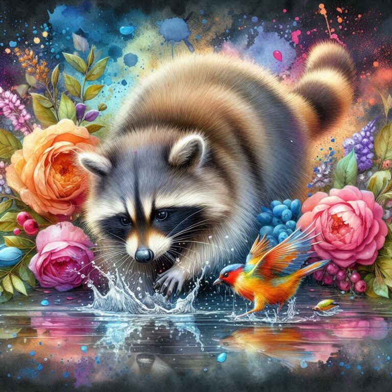 Raccoon Splashing Bird in Puddle Watercolor Airbrush
