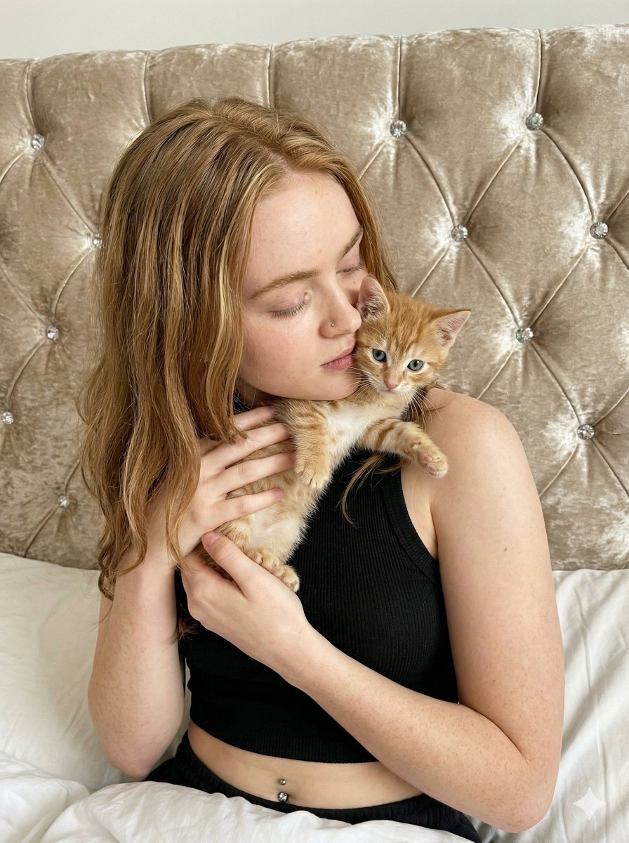 Young Woman Kissing Adorable Kitten