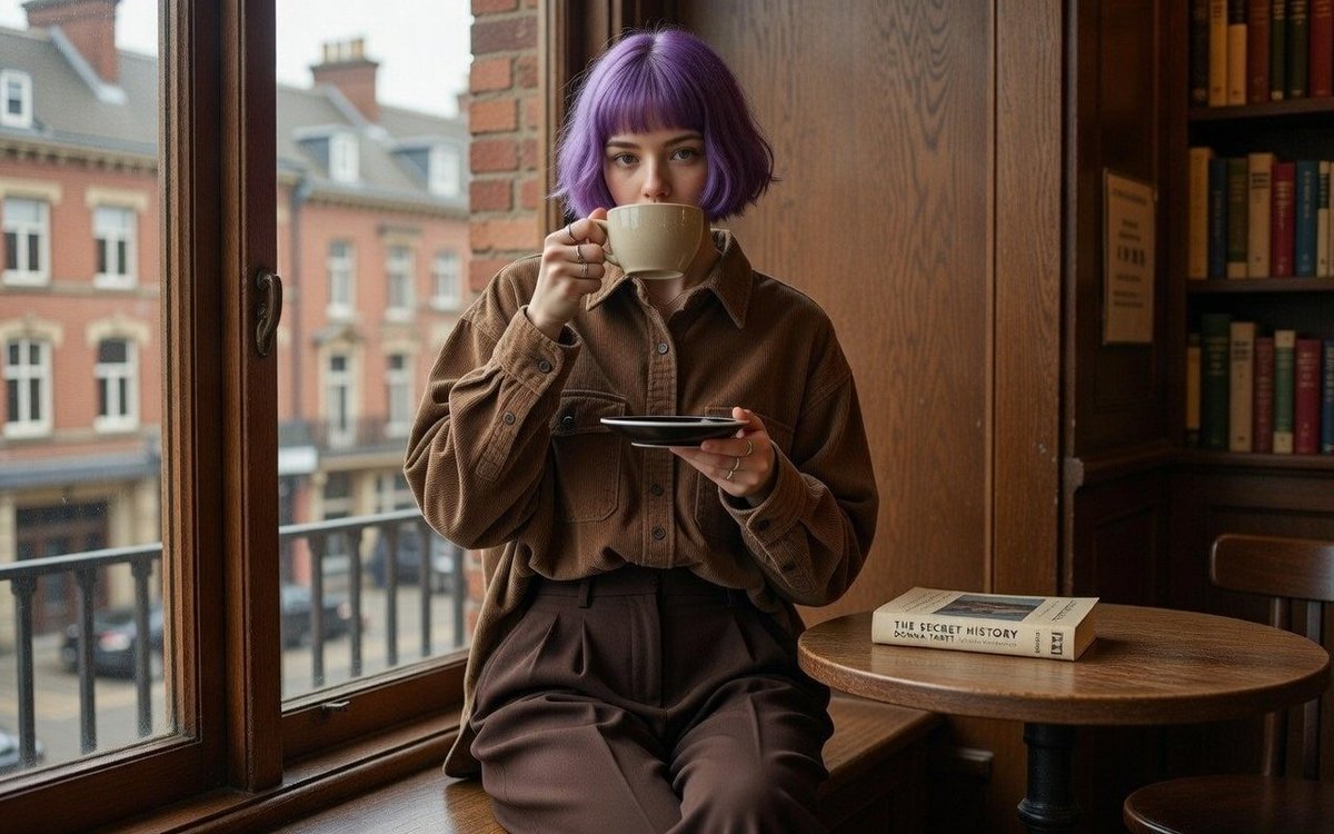 Purple-Haired Girl's Cozy Cafe Moment